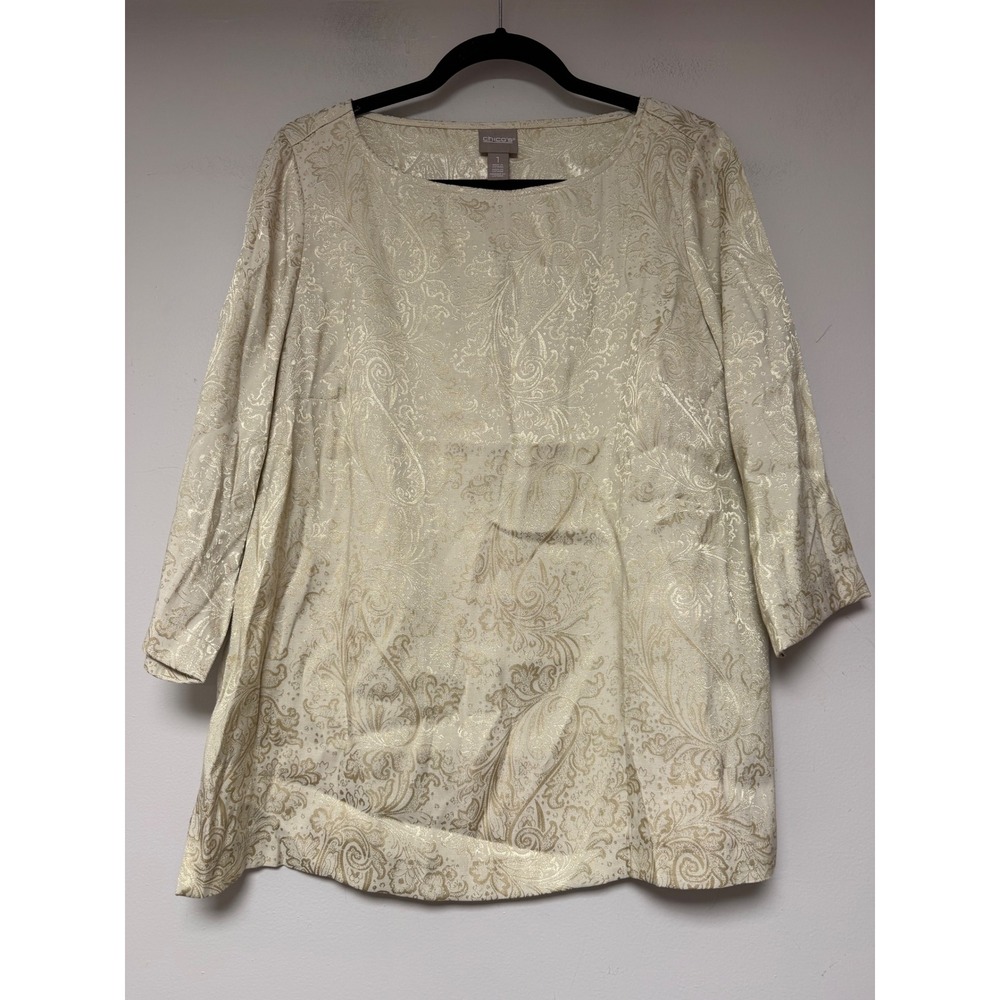 Chicos Womens Size 1 Gold Metallic Paisley Jacquard‎ 3/4 Sleeve Tunic Top